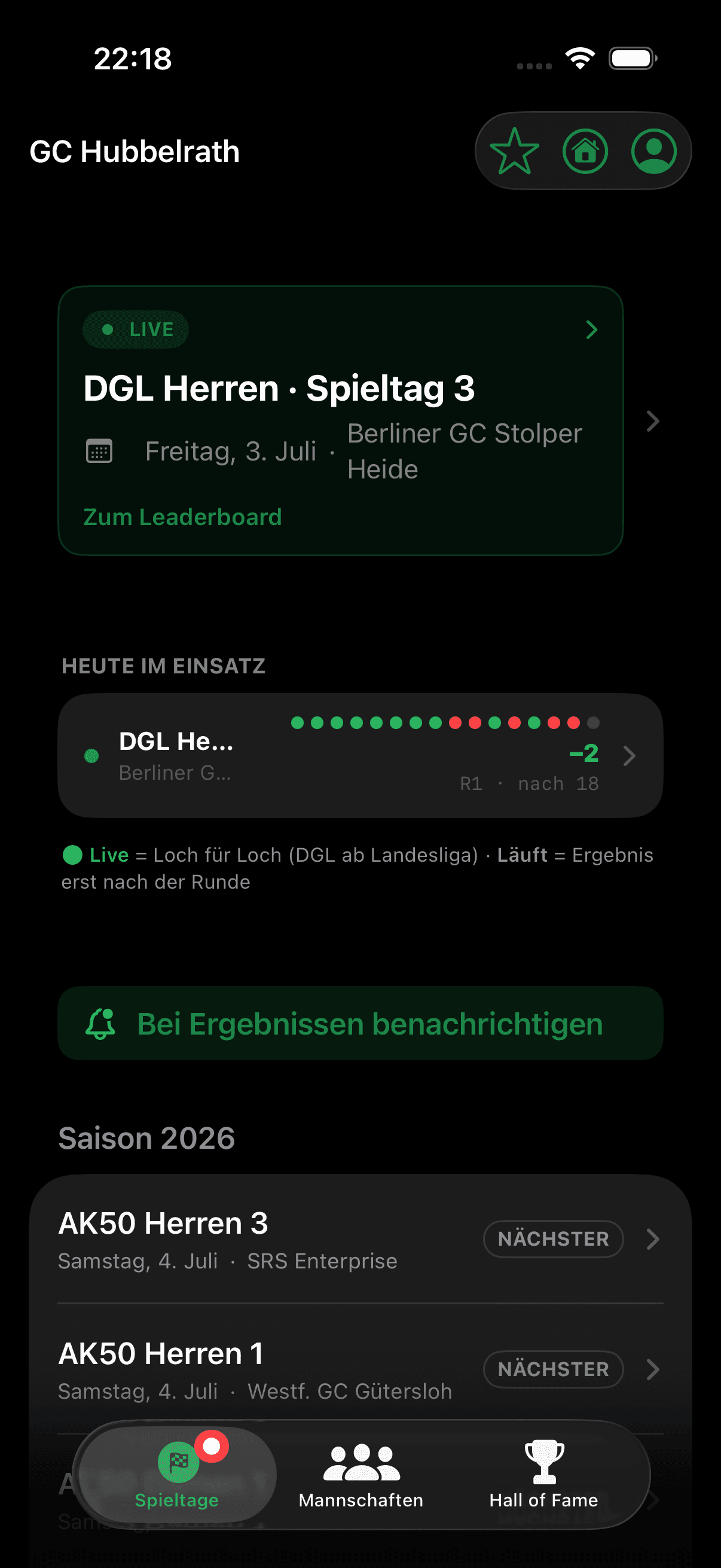 GolfLiga App: Spieltage-Feed mit laufendem Live-Spieltag
