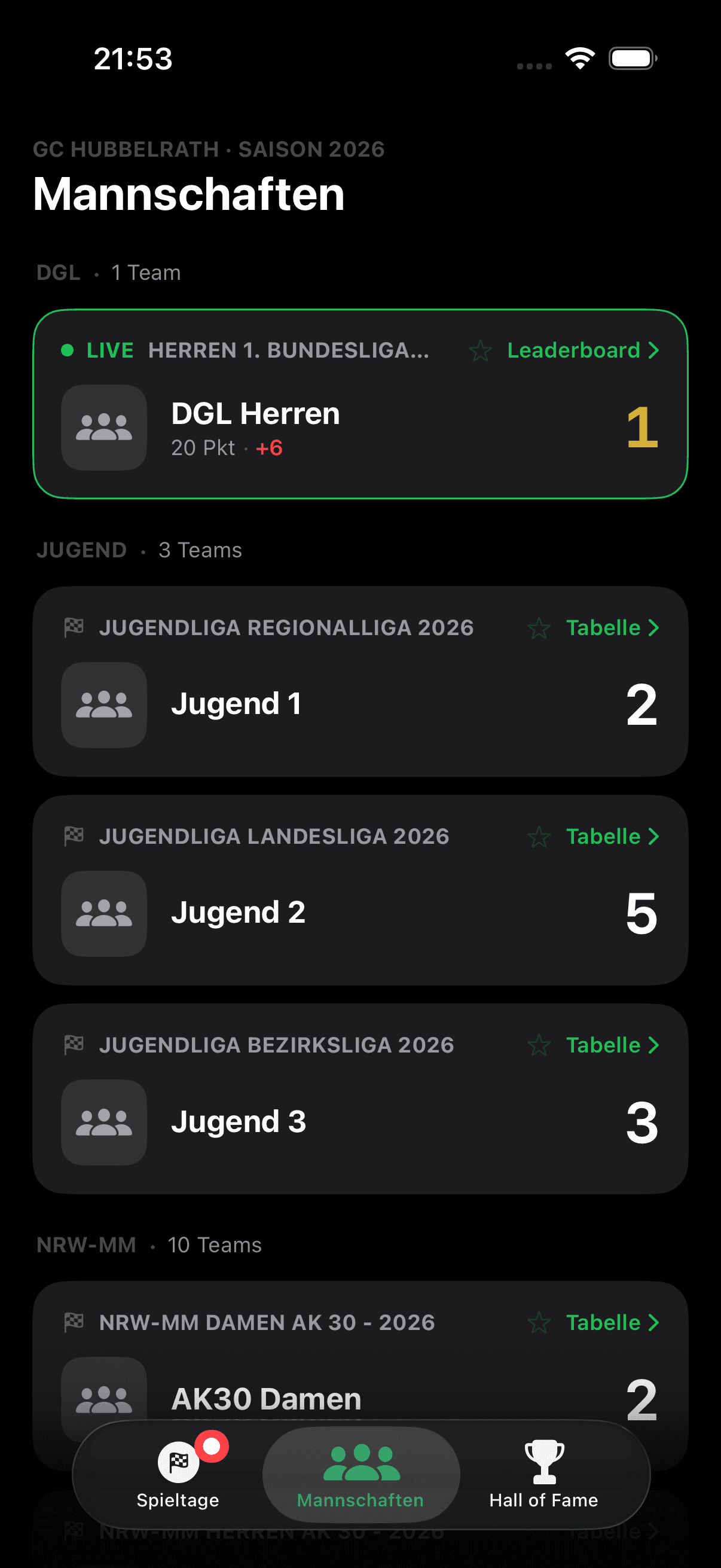 GolfLiga App: Mannschaften eines Clubs mit Live-Status