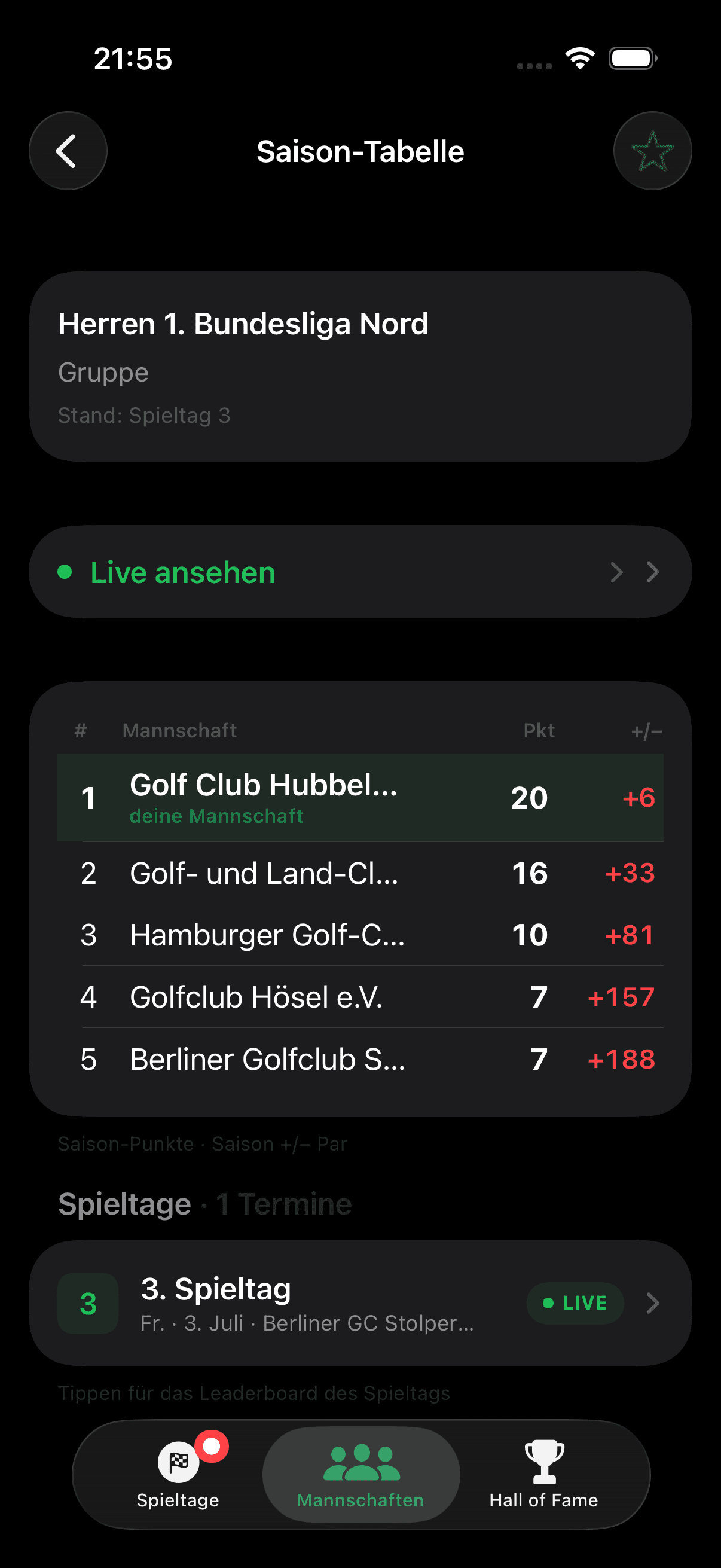 GolfLiga App: Saison-Tabelle mit Live-Spieltag