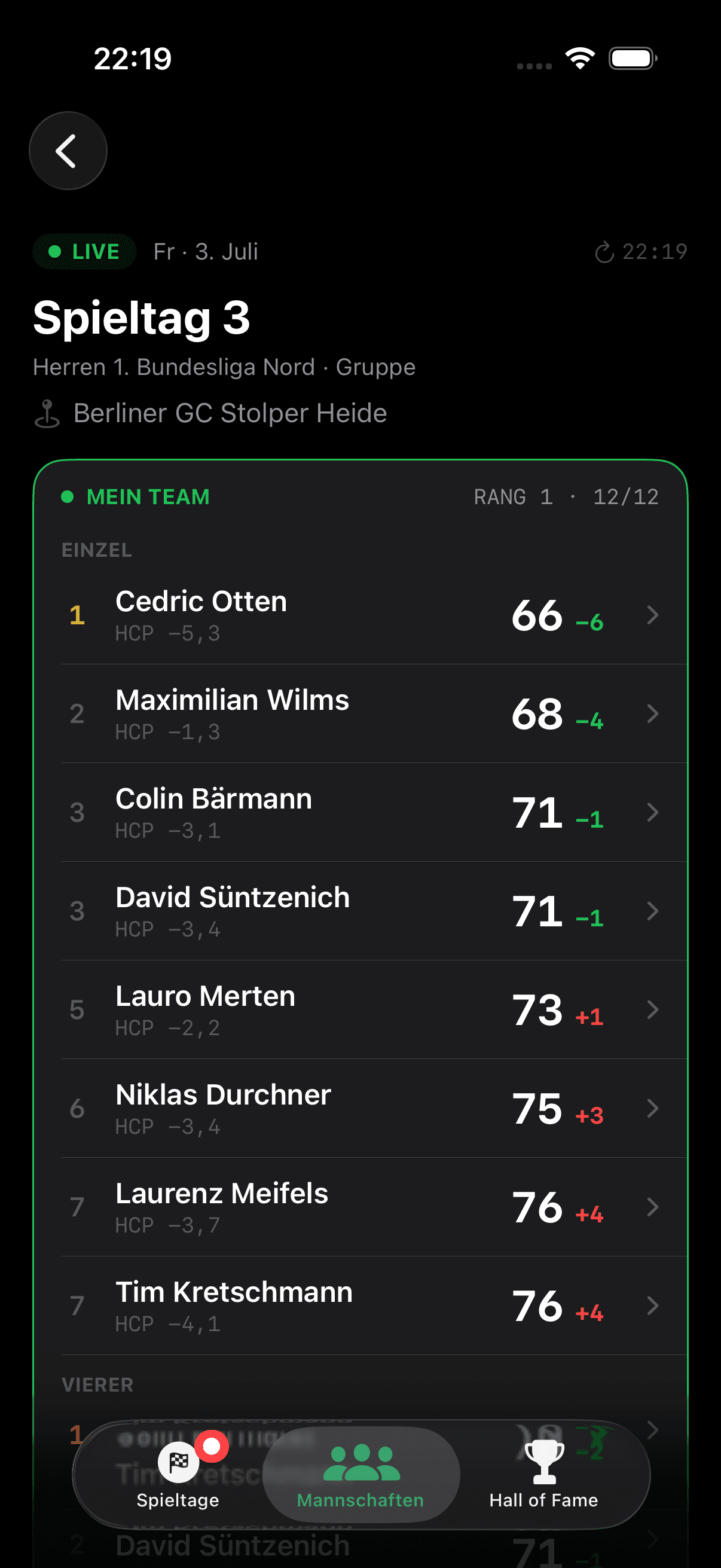 GolfLiga App: Live-Scoring eines Spieltags mit Stand zum Par
